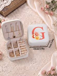 復古花卉字母旅行小珠寶盒，適用於項鍊與戒指，3.9in*2in PU皮革白色珠寶收納盒，適合女性，理想的節日禮物 - Floral Initials - 查看 24