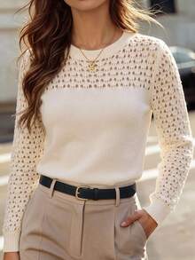 Fashion Women's Long Sleeve Hollow Design Sweater, Regular Length Off-White Semi-Sheer Detail Pullover, Suitable For Autumn White - White - View 4