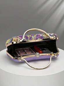 1pc Purple Heavy Sequin Evening Clutch, Rhinestone Spherical Lock With Gold Metal Handle, Vintage Beaded Craftsmanship, Elegant Exquisite Handbag For Wedding, Banquet, Party And Dress Matching - Mauve Purple - View 4