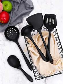 1PC/5PCS Silicone Cooking Tools, One-Piece Silicone Kitchen Utensils, Non-Stick Silicone Kitchen Cooking Tool Set, Heat Resistant, Includes Spatula, Soup Spoon, Slotted Spoon, Rice Paddle, Strainer, Portable Hanging Hook Kitchen Tool Set - Multicolor - View 1