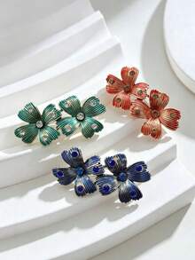 Dual‑Flower Striped Enamel Rhinestone Brooch Vintage Floral Lapel Pin - Flower - View 1