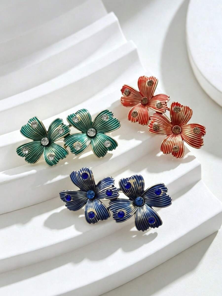 Dual‑Flower Striped Enamel Rhinestone Brooch Vintage Floral Lapel Pin - Flower - View 1
