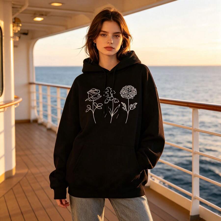 New Autumn Women's Hooded Sweatshirt,Letter Printing,Soft Blended Fabric,Adjustable Drawstring Cap,Front Pocket Design,Machine Washable. - 黑色 - 查看 1
