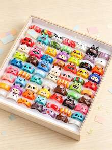 10/20 Buah Cincin Resin Hewan Kartun Campuran, Perhiasan Jari Warna-warni Lucu Hadiah untuk Anak Laki-laki dan Perempuan - Cincin resin bercorak hewan - View 6