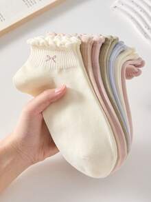 5 Pairs Ribbed Design Bow Lace Women's Short Socks, Non-Slip Comfortable Breathable, Suitable For Sports And Casual Wear - Multicolor - View 2