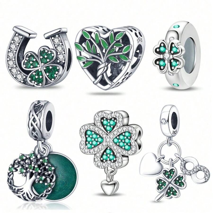1pc Silver-Plated Lucky Four-Leaf Clover Tree Of Life Bead, Horseshoe, Heart Tree, Infinity Symbol Multiple Styles, Inlaid With Emerald Green Zirconia And Green Enamel, Suitable For Bracelet Necklace DIY, Symbolizing Peace And Good Luck Gift Accessory - Multicolor - View 1
