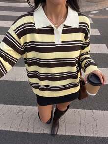 Women's Casual Striped Half-Zip Button Drop Shoulder Long Sleeve Knit Sweater, Vintage Style Fall - Multicolor - View 5