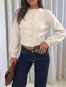 Mori Autumn/Winter Women's Y2K Fashion Cream/Beige Mixed Color Plush Knit Cardigan, Button Round Neck Crop Top, Streetwear Style Fall - Brown - View 3