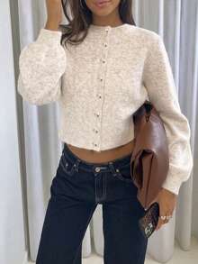 Mori Autumn/Winter Women's Y2K Fashion Cream/Beige Mixed Color Plush Knit Cardigan, Button Round Neck Crop Top, Streetwear Style Fall - Brown - View 4