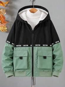 Boys' Autumn/Winter Casual Fashion Letter Print Webbing Patchwork Thermal Lined Long Sleeve Hooded Jacket - Black - View 3