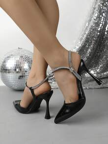 Women's Black Pleated Pointed Toe Slingback High Heels, Double-Layer Rhinestone Stilettos Adjustable Slide Buckle Wine Glass Stiletto Formal Pumps - Black - View 7