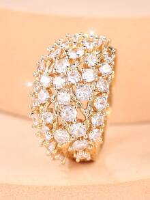 1 Exquisite Full- Zirconia Tree-Branch Openwork Design Women's Ring-A Glamorous, Eye-Catching Accessory For Evening Events - Yellow Gold - View 2