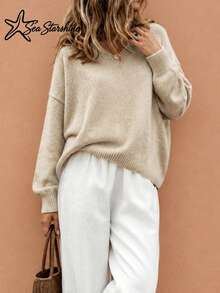 Sea Starshine Sweater Rajut Wanita Model Terbaru Musim Gugur/Dingin, Warna Polos, Leher V, Lengan Lentera, Sweater Pendek Longgar Lembut, Sweater Kasual Amerika untuk Berkomuter - Aprikot - View 5