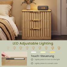 Nightstand Set Of 2 With 3 Drawers, Modern Bedside Table With Charging Station And LED Lighting, Fluted Bed Side End Table With Metal Handles, LED Nightstand For Bedroom, Living Room, Office - Natural - View 3