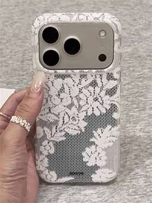 Stylish Minimalist Grace Lace Flowers Pattern Phone Case Compatible With IPhone 17 Pro Max 17 Pro 17 16 Pro Max 15 14 13 12 Pro Max Shockproof Protective Cover - White - View 3