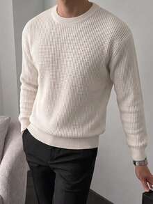 Men's Thick Ribbed Knit Crew Neck Sweater, Loose Fit Comfortable Long Sleeve Suitable For Autumn/Winter Wear - Camel - View 3