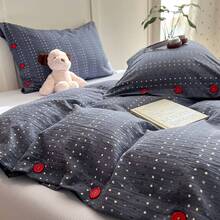 3/4-teiliges Bettbezug-Set aus garngefärbtem Stoff, heller Kontrastfarben-Stil, Knopfdekor, weich & bequem Schlafzimmer-Bettwäsche, atmungsaktive weiche Ganzjahres-Bettwäsche, enthält 1 Bettbezug, 1 Bettlaken, 1 oder 2 Kissenbezüge, ohne Füllung, geeignet für Schlafzimmer, Wohnung, Heimgebrauch, mehrere Größenoptionen - marineblau - Übersicht 5