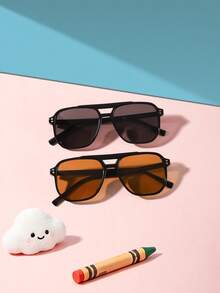 1 Set 2pcs 9-14 Years Old Kids Rivet Decor Double Bridge Aviator Style PC Frame Fashion Glasses, Suitable For Summer Outdoor Daily All-Season Wear, With Glasses Case - Multicolor - View 3