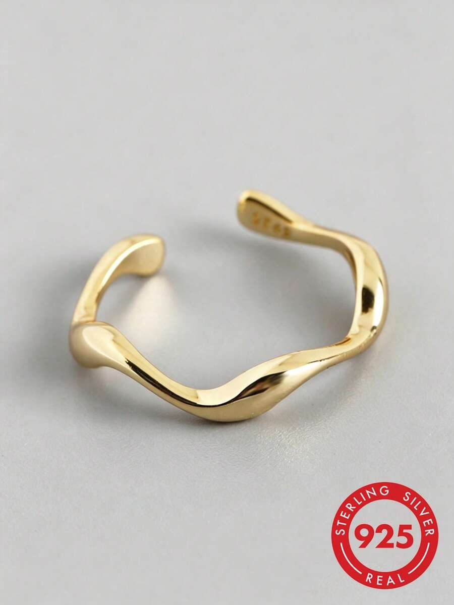 HuooNew 1pc Personalized 925 Sterling Silver Asymmetrical Wavy Smooth Open Ring, Adjustable, Gift For Her - Yellow Gold - View 1