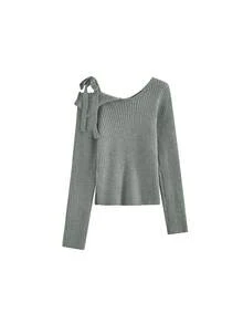 Sweater Rajut Lengan Panjang Model Korea Musim Dingin dengan Desain Leher V dan Tali Pengikat - Grey - View 2