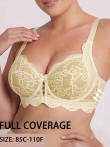 1pc Casual Comfortable Minimalist Plus Size Women's Bra With Lace Patchwork, Wire-Free Soft Comfortable Lingerie - Yellow - View 4