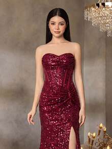 ALISA&LEO Teen Girl Sequin Split Design Elegant Waist-Cinching Party Dress With Transparent Straps - Burgundy - View 3