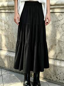 falda maxi tierada elegante de color sólido, cintura elástica, tejido ligero para uso casual mujer - Negro - Ver 4