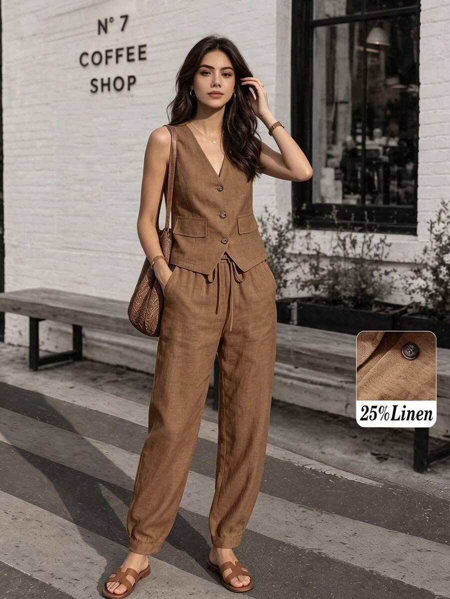 Women's Casual Linen Suit Vest And Pants Set, Spring/Summer Brown - Brown - View 1