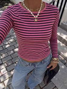 ALA Women's Autumn Y2K Colorblock Slim Fit Layered Horizontal Stripe Long Sleeve T-Shirt, Suitable For Daily Outings, Back To School Season, Office, Party - Hot Pink - View 9