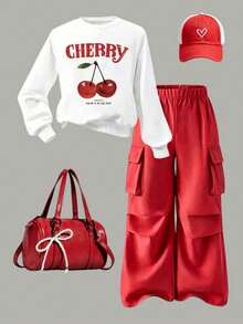 Young Girl Cartoon Cherry Print Warm Crew Neck Sweatshirt And Cargo Pants - White - View 2