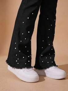 pthirillo Women's Black Flare Jeans With Rhinestones, High Waist, Butt-Lifting, Premium Shine - Lumina Pearls 酒吧和口袋 - 查看 4