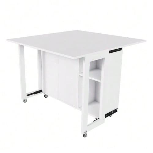 Multifunctional White Folding Dining Table With Lockable 360° Swivel Casters, Usable As A Dining Table, Sideboard And Coffee Table With Ample Storage Space (Folding Dining Table, Multifunctional Mobile Kitchen Island) - 白色 - 查看 1