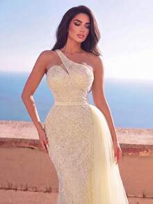 Faeriesty Haute Glamour Luxury One-Shoulder Sheer Layered Beaded Formal Evening Gown - Champagne - View 4
