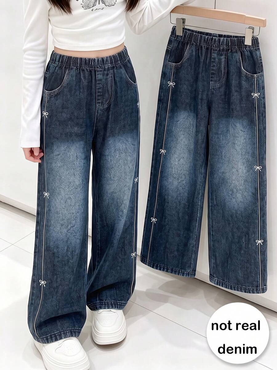 Girls' Casual Fashion Bow Print Elastic Waist Straight Leg Pants, Versatile For Daily Wear And Outings, Spring/Autumn - Dark Wash - View 1