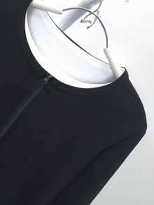 Women's American Unique Zipper Design Jacket, Korean Style Hot Girl Slimming 2 In 1 Top, Autumn - Black - View 11