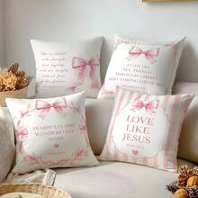MEMNUN 4pcs Pink Bow Bible Verse Printed Pattern Decorative Cushion Cover [Pillow Insert Not Included], 40*40cm/45*45cm/50*50cm, [Single-Sided Print] Made Of Polyester Material Striped Wreath Bow Bible Quote Cushion Cover Room Decor, Home Decor, Bedroom Decor, Room Decoration Stuff For Sofa, Bed, Living Room, Bedroom, Car, Office, Hotel Decoration Throw Pillow Covers All Seasons Perfect Gift For Family And Friends - Multicolor - View 10