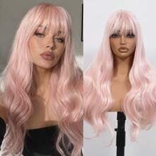 26 Inch Long Straight Wig With Bangs For Women, Heat Resistant Synthetic Full Head Wig, Pastel Pink / Dark Tea / Cool Brown Natural Wig For Daily Wear, Cosplay & Party - Baby Pink - View 3