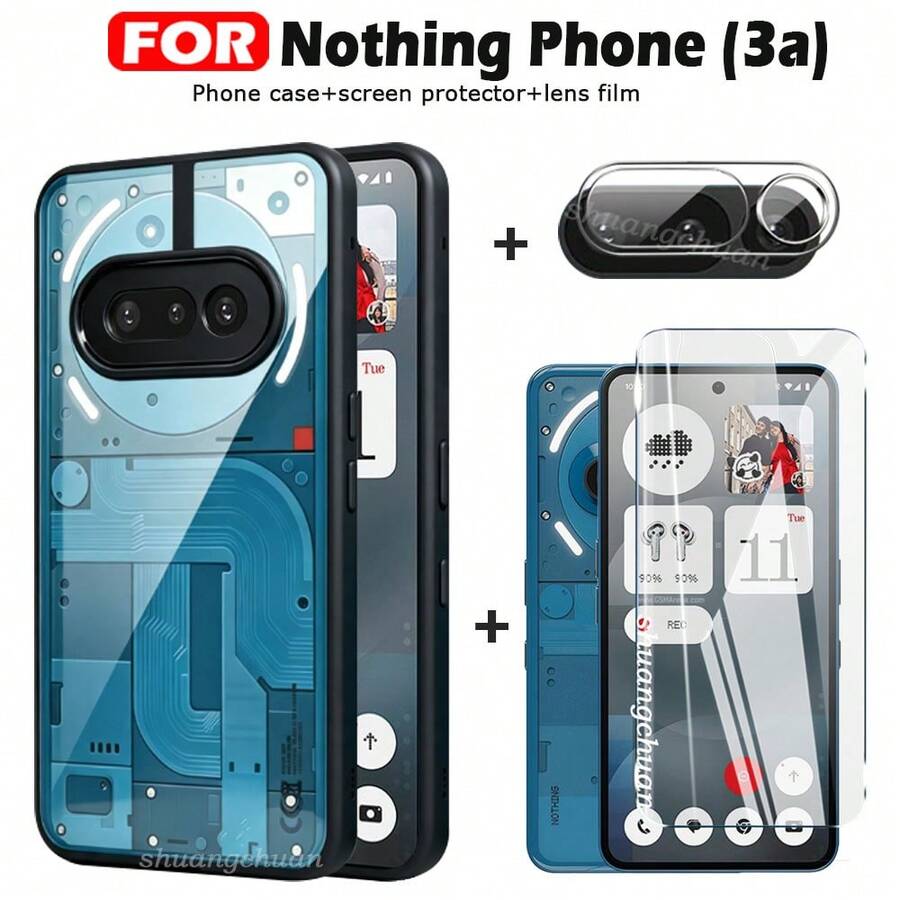3‑In‑1 Accessory Kit For Nothing Phone 3(A) Shockproof Phone Case + Tempered Glass Screen Protector + Camera Lens Film Full Protection Set For Nothing Phone (4b) (4a) Pro 4(A) - Black - View 1