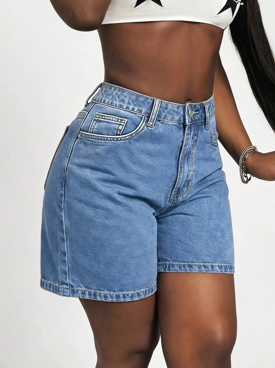 Blazique Celana Pendek Denim Bermuda Polos Wanita Kasual Musim Panas