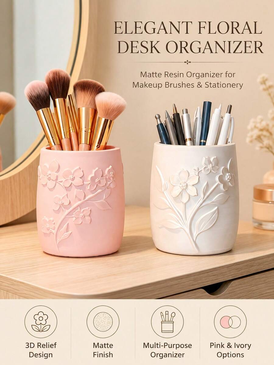 Relief Floral Makeup Brush Holder, Easy Ins Style Desktop Pen Holder, Bedroom Vanity Beauty Tool Storage Box - Multicolor - View 1
