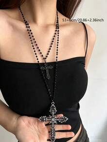 rundraw 1pc Women's Necklace, Silver Metal, Large And Small Cross With Micro-Inlaid CZ, Gothic Dark Style, Suitable For Daily Commute And Halloween Outfit - Black - View 4