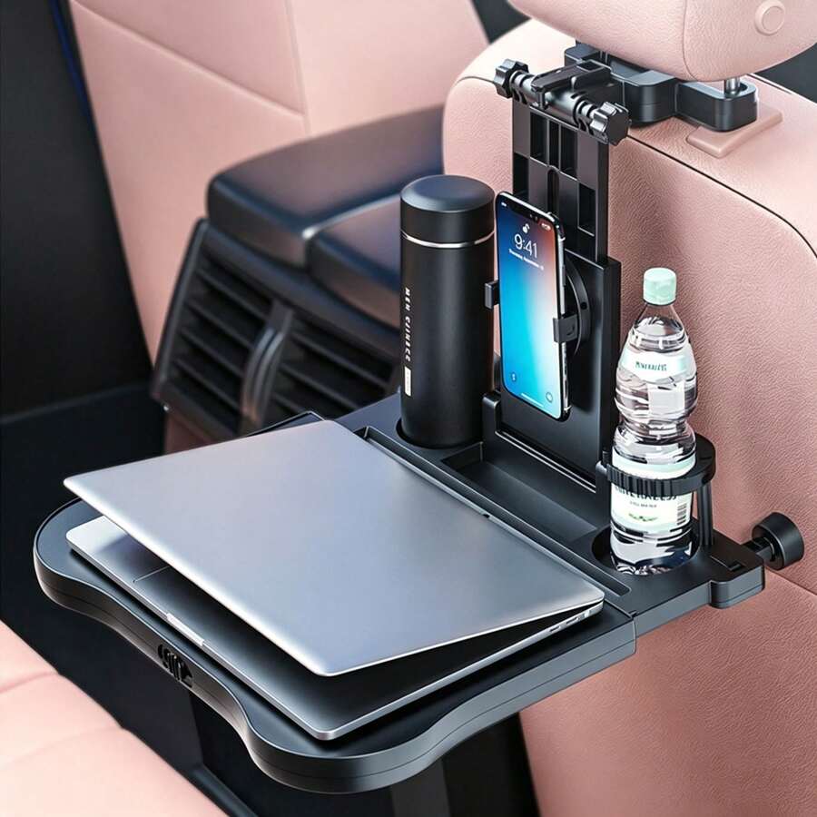 Black Foldable Car Back Seat Table 38.5x35cm, Adjustable Height 21-27cm ABS Plastic Car Tray For Most Vehicle Rear Seats - Black - View 1