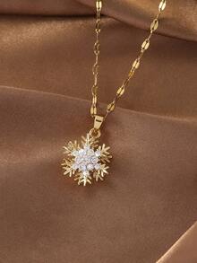 1pc/Double-Layer Rotatable Exquisite Fashion Women's Necklace, Gold Snowflake Zirconia Pendant Necklace, Fashionable Multicolor Inlaid Zirconia Chain Necklace For Women, Elegant Sparkling Zirconia Fashion Jewelry Necklace, Suitable For Christmas, Winter, Daily, Party Jewelry Gift - Yellow Gold - View 15