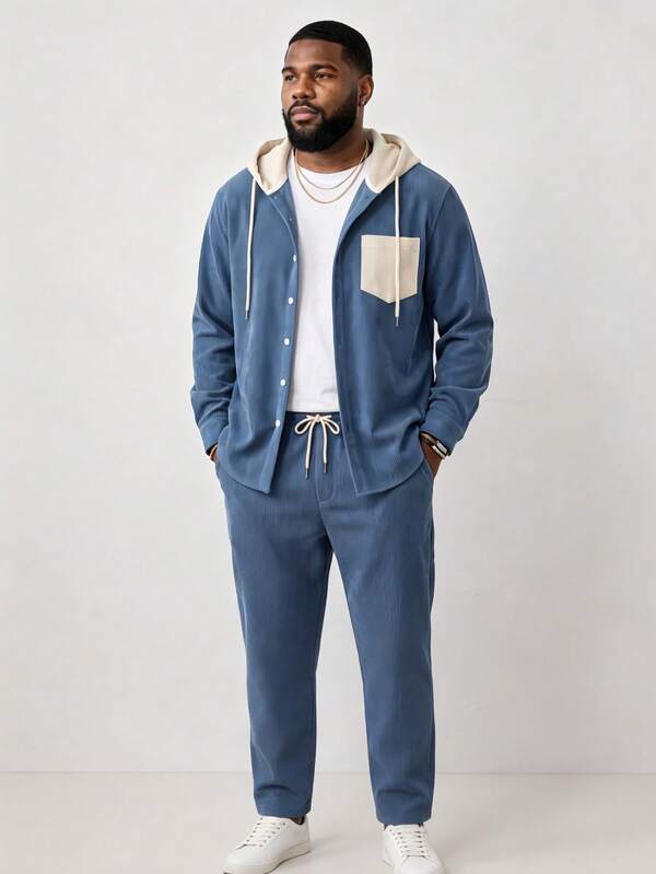 Best-Selling Thin Corduroy Minimalist Fashion Men's Plus Size Casual Daily Commute Versatile Spring Autumn Winter New Long Sleeve Hoodie & Pants 2-Piece Set