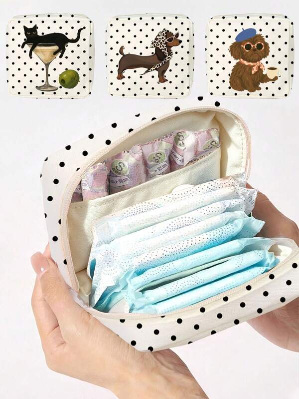 New Polka Dot Dachshund And Cat Pattern Sanitary Napkin Storage Bag, Compact Portable Women's Hygiene Product Storage Bag, Girls Mini Bag, Simple Multifunctional Coin Purse, Makeup Bag, Sanitary Napkin Storage Bag, Suitable For School, Work, Travel, Elegant Holiday Travel Bag, Travel Essential, Back To School Essential, Vacation Essential, Random Polka Dot Density