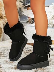 2026 Autumn/Winter New Women's Snow Boots With Back Bow, Plus Size Slip-On Mid-Calf Fashion Bread Boots - Black - View 1