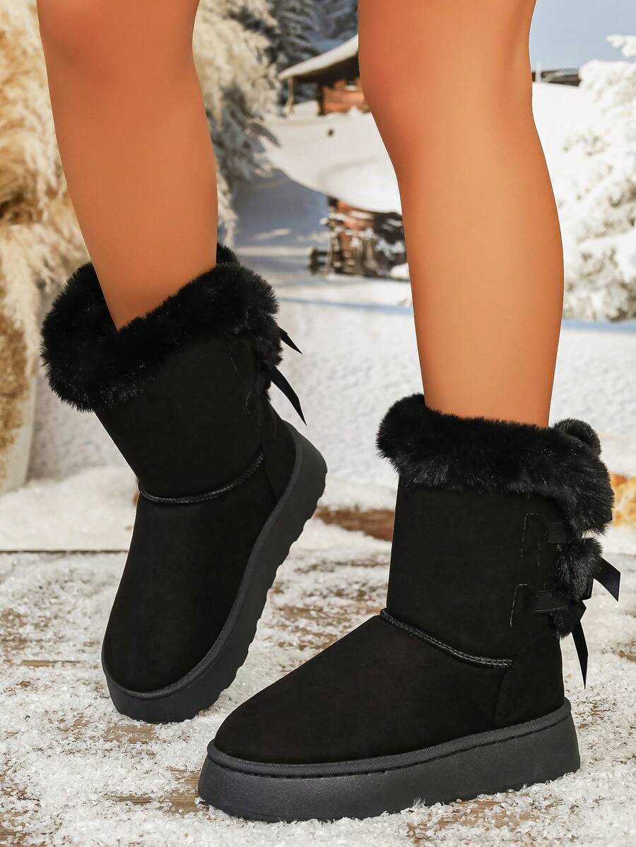 2026 Autumn/Winter New Women's Snow Boots With Back Bow, Plus Size Slip-On Mid-Calf Fashion Bread Boots - Black - View 1