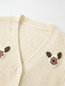 VIBEWAVE Off-White V-Neck Single-Breasted 3D Floral Embroidered Loose Short Knit Cardigan Women Gentle Pastoral Style Spring/Autumn Outerwear Top - White - View 7