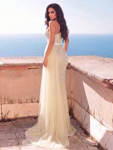 Faeriesty Haute Glamour Luxury One-Shoulder Sheer Layered Beaded Formal Evening Gown - Champagne - View 3
