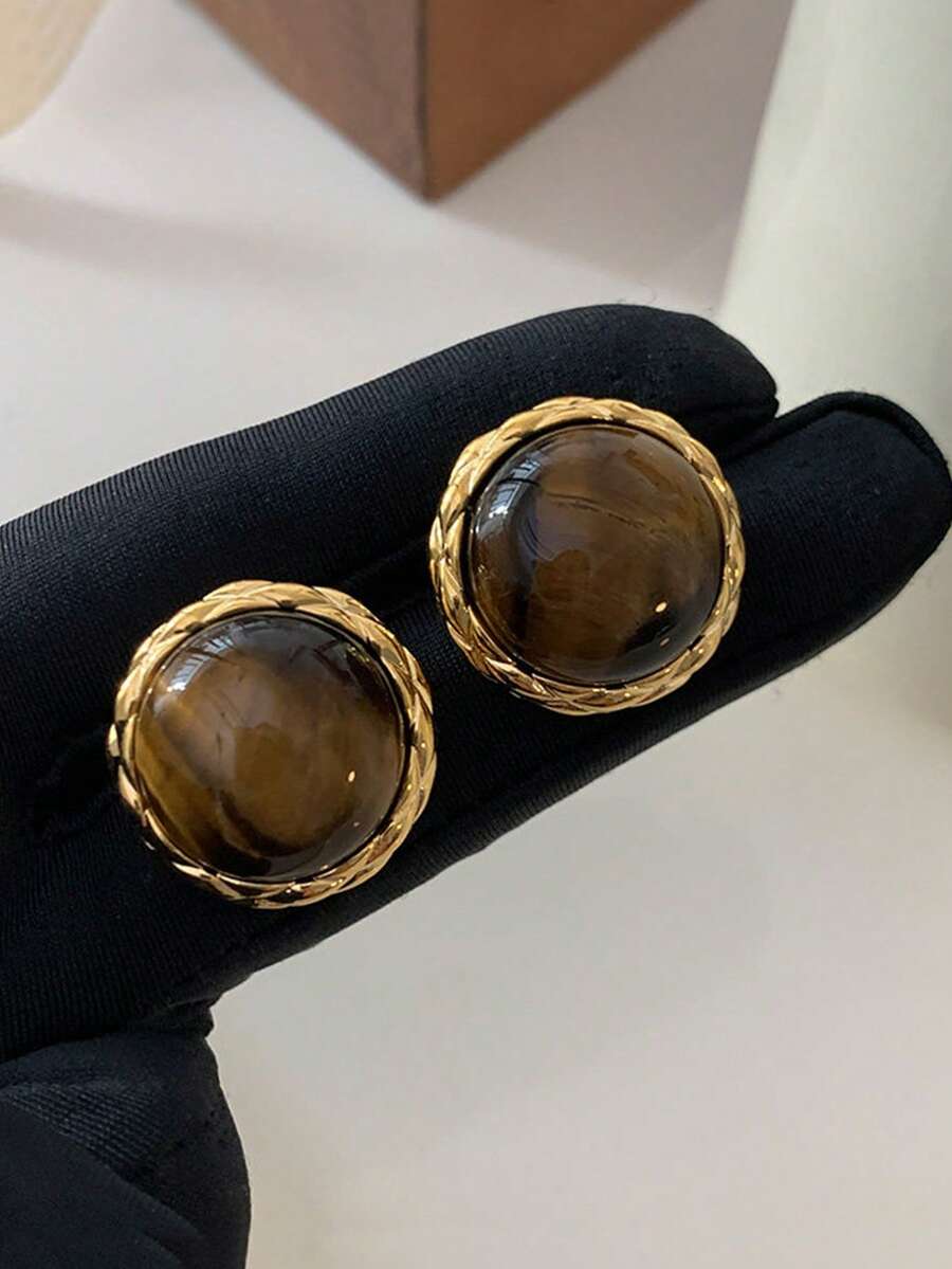 1 Pasang Anting Tusuk Geometris Minimalis Vintage dengan Batu Mata Harimau Cokelat, Cocok untuk Dipakai Wanita Saat Berpergian Sehari-hari
